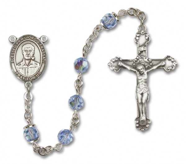 Blessed Pier Giorgio Frassati Sterling Silver Heirloom Rosary Fancy Crucifix - Light Sapphire