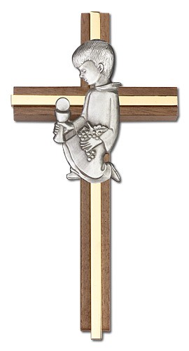 First Communion Boy Wall Cross in Walnut and Metal Inlay - 6 inch  - Two-Tone Gold