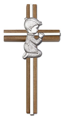 Praying Boy Cross in Walnut 6&quot; with Metal Inlay - Silver tone