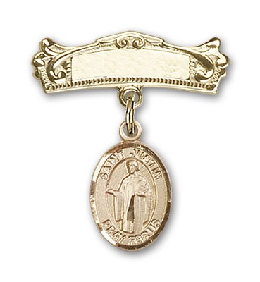 Pin Badge with St. Justin Charm and Arched Polished Engravable Badge Pin - 14K Solid Gold