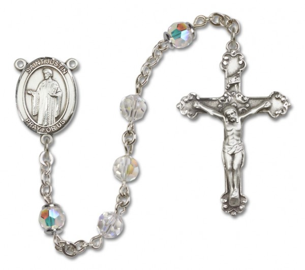 St. Justin Sterling Silver Heirloom Rosary Fancy Crucifix - Crystal