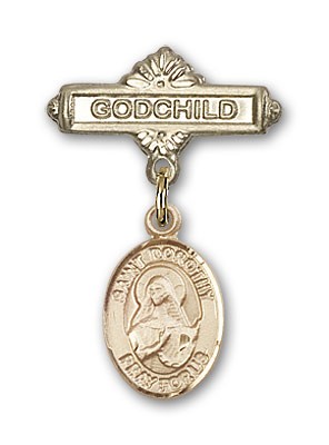 Pin Badge with St. Dorothy Charm and Godchild Badge Pin - Gold Tone