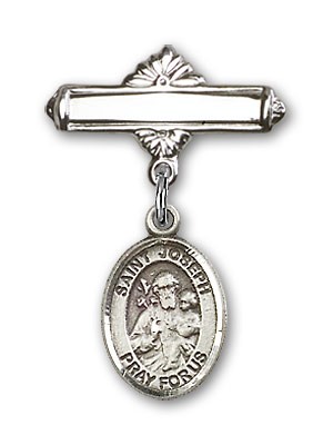 Pin Badge with St. Joseph Charm and Polished Engravable Badge Pin - Silver tone