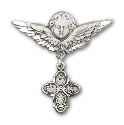 Pin Badge with 4-Way Charm and Angel with Larger Wings Badge Pin - Silver tone