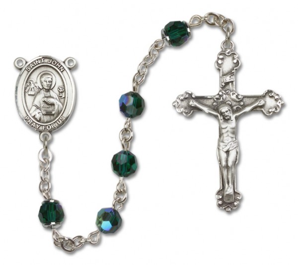 St. John the Apostle Sterling Silver Heirloom Rosary Fancy Crucifix - Emerald Green