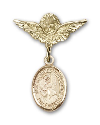 Pin Badge with St. Elizabeth of the Visitation Charm and Angel with Smaller Wings Badge Pin - Gold Tone