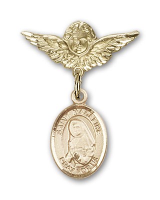 Pin Badge with St. Madeline Sophie Barat Charm and Angel with Smaller Wings Badge Pin - 14K Solid Gold