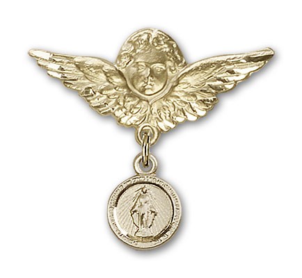 Baby Pin with Miraculous Charm and Angel with Larger Wings Badge Pin - Gold Tone