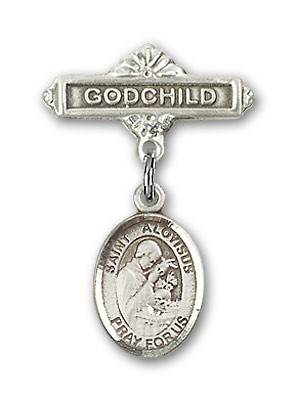 Pin Badge with St. Aloysius Gonzaga Charm and Godchild Badge Pin - Silver tone