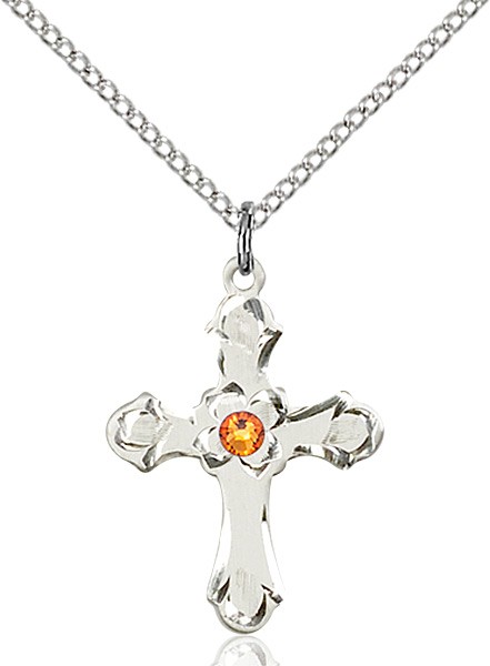 Medium Budded Cross Pendant with Etched Border Birthstone Options - Topaz