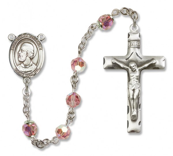 Pope Saint Eugene I Sterling Silver Heirloom Rosary Squared Crucifix - Light Rose