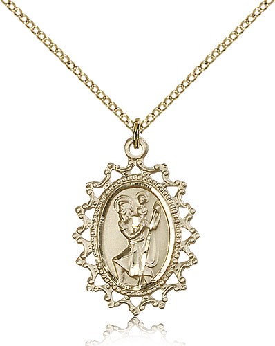 Pointed Open-Cut Border St. Christopher Necklace - 14KT Gold Filled