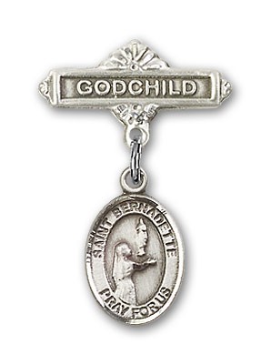 Pin Badge with St. Bernadette Charm and Godchild Badge Pin - Silver tone