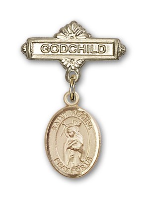 Pin Badge with St. Regina Charm and Godchild Badge Pin - 14K Solid Gold