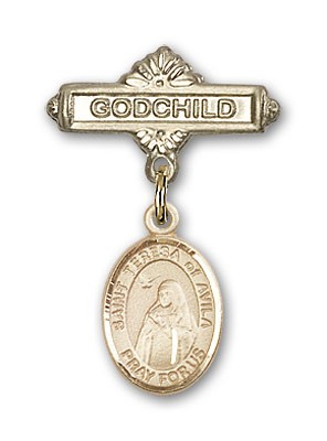 Pin Badge with St. Teresa of Avila Charm and Godchild Badge Pin - 14K Solid Gold
