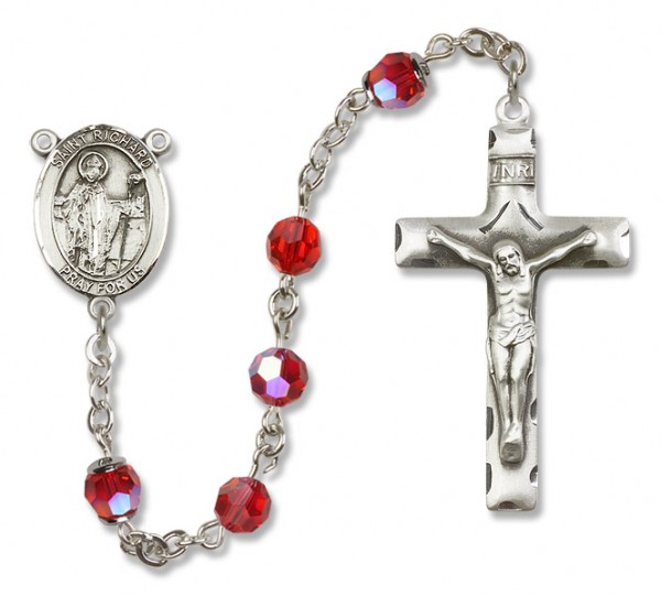 St. Richard Sterling Silver Heirloom Rosary Squared Crucifix - Ruby Red