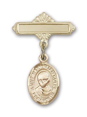 Pin Badge with St. Maximilian Kolbe Charm and Polished Engravable Badge Pin - 14K Solid Gold