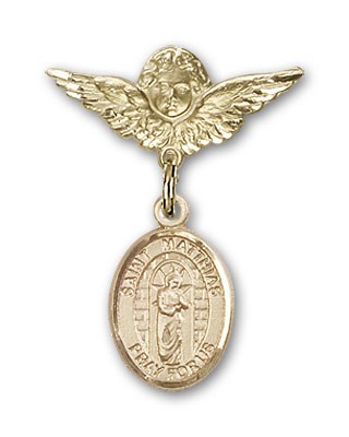 Pin Badge with St. Matthias the Apostle Charm and Angel with Smaller Wings Badge Pin - 14K Solid Gold