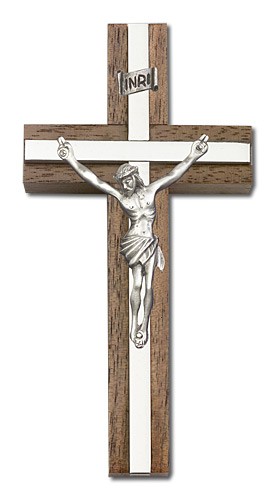 Classic Crucifix Wall Cross in Walnut and Metal Inlay 4&quot; - Silver tone