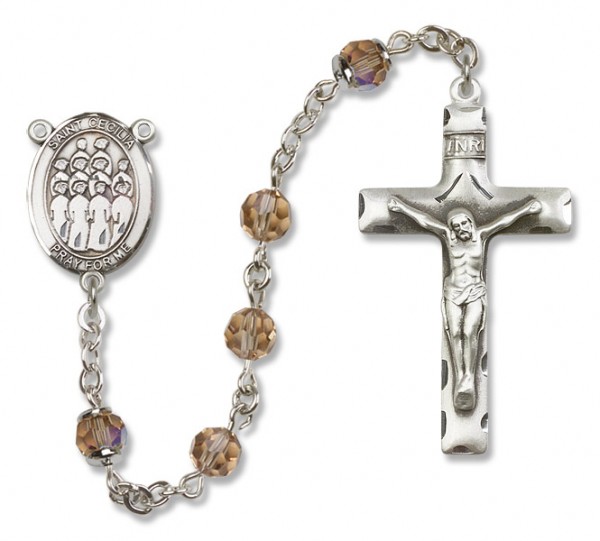 St. Cecilia with Choir Sterling Silver Heirloom Rosary Squared Crucifix - Topaz
