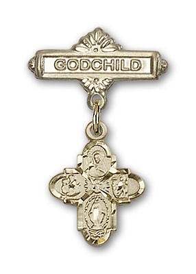 Baby Badge with 4-Way Charm and Godchild Badge Pin - Gold Tone