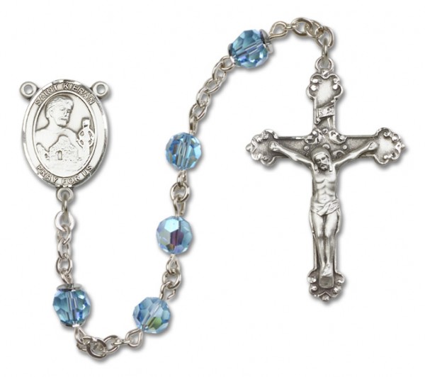 St. Kieran Sterling Silver Heirloom Rosary Fancy Crucifix - Aqua