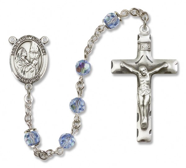 St. Mary Magdalene Sterling Silver Heirloom Rosary Squared Crucifix - Light Sapphire