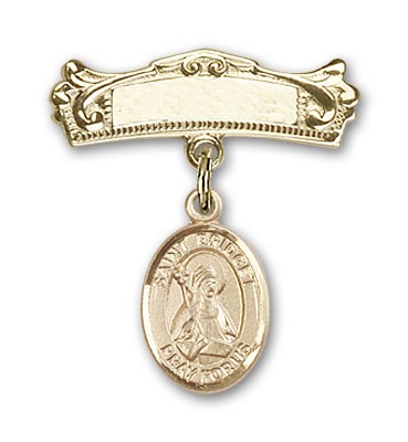 Pin Badge with St. Bridget of Sweden Charm and Arched Polished Engravable Badge Pin - 14K Solid Gold