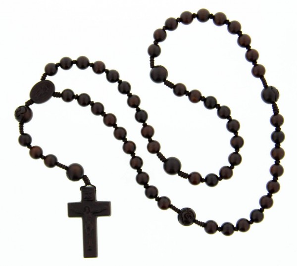 Jujube Smooth Wood and Floral Cut Rosary - 10mm - Brown