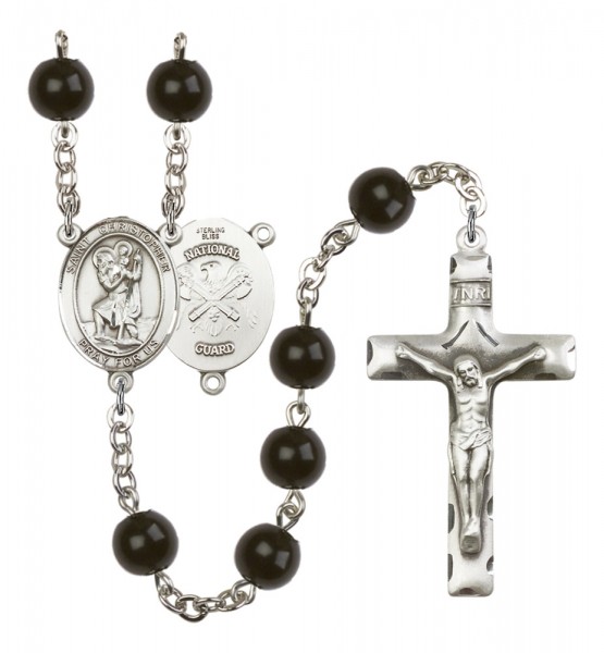 Men's St. Christopher National Guard Silver Plated Rosary - Black