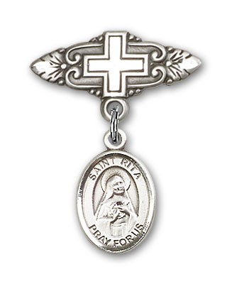 Pin Badge with St. Rita of Cascia Charm and Badge Pin with Cross - Silver tone