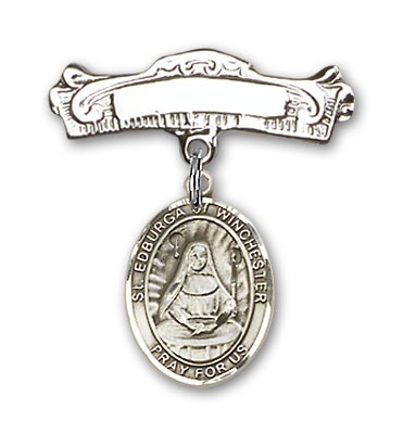 Pin Badge with St. Edburga of Winchester Charm and Arched Polished Engravable Badge Pin - Silver tone