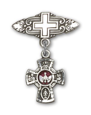 Pin Badge with Red 5-Way Charm and Badge Pin with Cross - Silver | Red