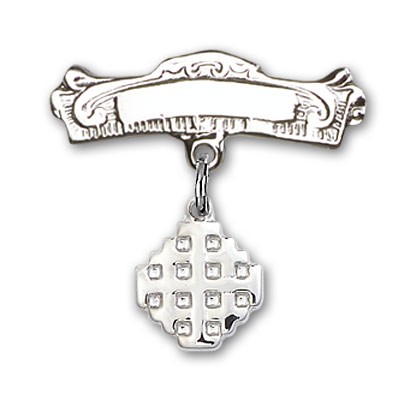 Pin Badge with Jerusalem Cross Charm and Arched Polished Engravable Badge Pin - Silver tone