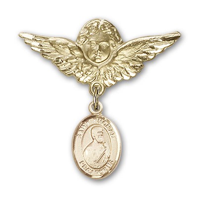 Pin Badge with St. Thomas the Apostle Charm and Angel with Larger Wings Badge Pin - Gold Tone