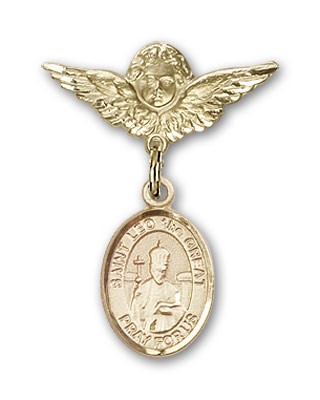 Pin Badge with St. Leo the Great Charm and Angel with Smaller Wings Badge Pin - 14K Solid Gold