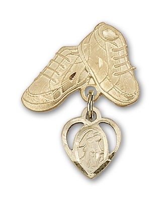 Baby Badge with Guardian Angel Charm and Baby Boots Pin - 14K Solid Gold