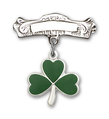 Pin Badge with Shamrock Charm and Arched Polished Engravable Badge Pin - Silver tone
