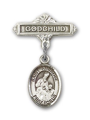 Pin Badge with St. Ambrose Charm and Godchild Badge Pin - Silver tone