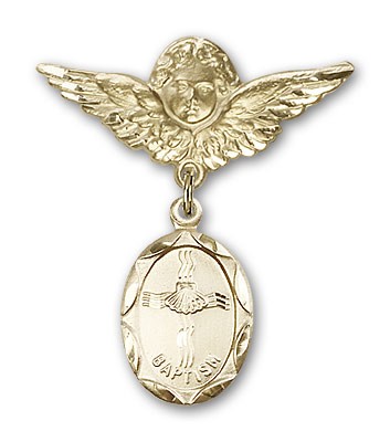 Baby Pin with Baptism Charm and Angel with Larger Wings Badge Pin - Gold Tone