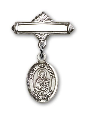 Pin Badge with St. Christian Demosthenes Charm and Polished Engravable Badge Pin - Silver tone