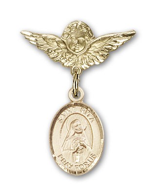 Pin Badge with St. Rita of Cascia Charm and Angel with Smaller Wings Badge Pin - 14K Solid Gold