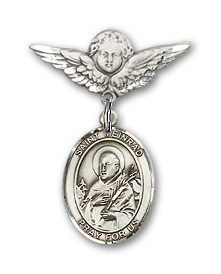 Pin Badge with St. Meinrad of Einsideln Charm and Angel with Smaller Wings Badge Pin - Silver tone