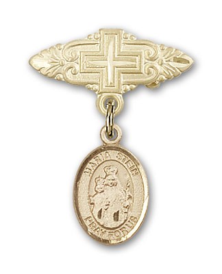 Pin Badge with Maria Stein Charm and Badge Pin with Cross - 14K Solid Gold