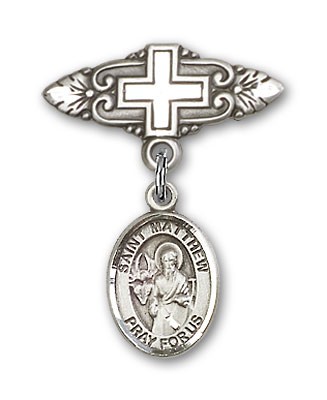 Pin Badge with St. Matthew the Apostle Charm and Badge Pin with Cross - Silver tone