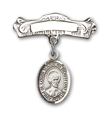 Pin Badge with St. Louis Marie de Montfort Charm and Arched Polished Engravable Badge Pin - Silver tone