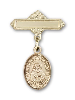 Pin Badge with St. Bede the Venerable Charm and Polished Engravable Badge Pin - 14K Solid Gold