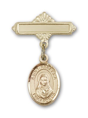Pin Badge with St. Rebecca Charm and Polished Engravable Badge Pin - Gold Tone