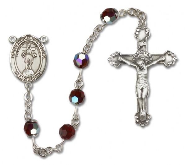 Our Lady of Nations Sterling Silver Heirloom Rosary Fancy Crucifix - Garnet