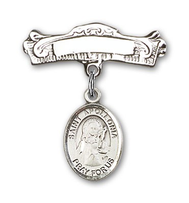 Pin Badge with St. Apollonia Charm and Arched Polished Engravable Badge Pin - Silver tone